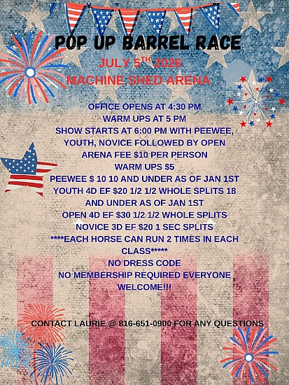 July 5, 2026: Pop Up 4D Barrel Race - LA Barrel Races - Machine Shed Arena